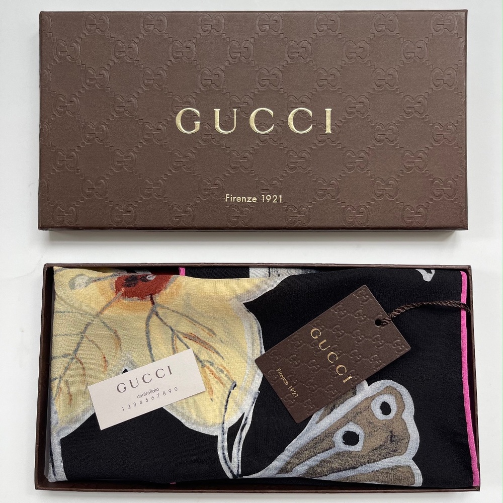 Gucci Scarf Kris Knight Butterfly Flora Black Silk Wrap with Gucci Gift Box - Picture 2 of 15